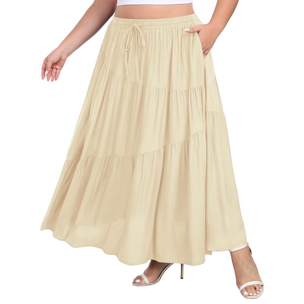 9048 Plus Size Tiered Maxi Skirt Elastic High Waist A Line Flowy Long Maxi